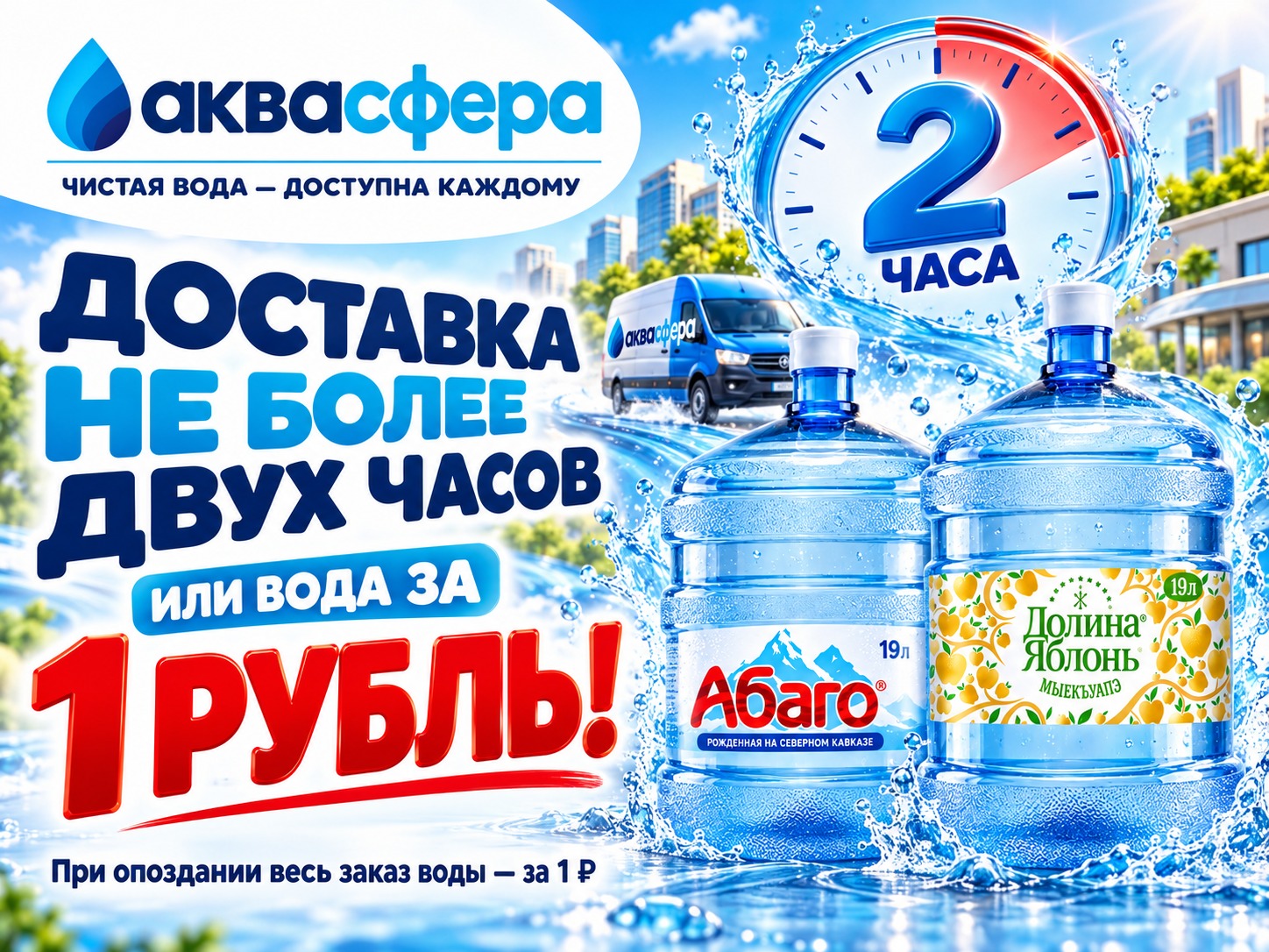 Доставка не более двух часов или весь заказ воды за 1 рубль